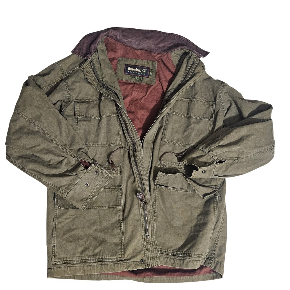 Timberland Weathergear Mens Large Olive Green Cotton Canvas Field Jacket Leather